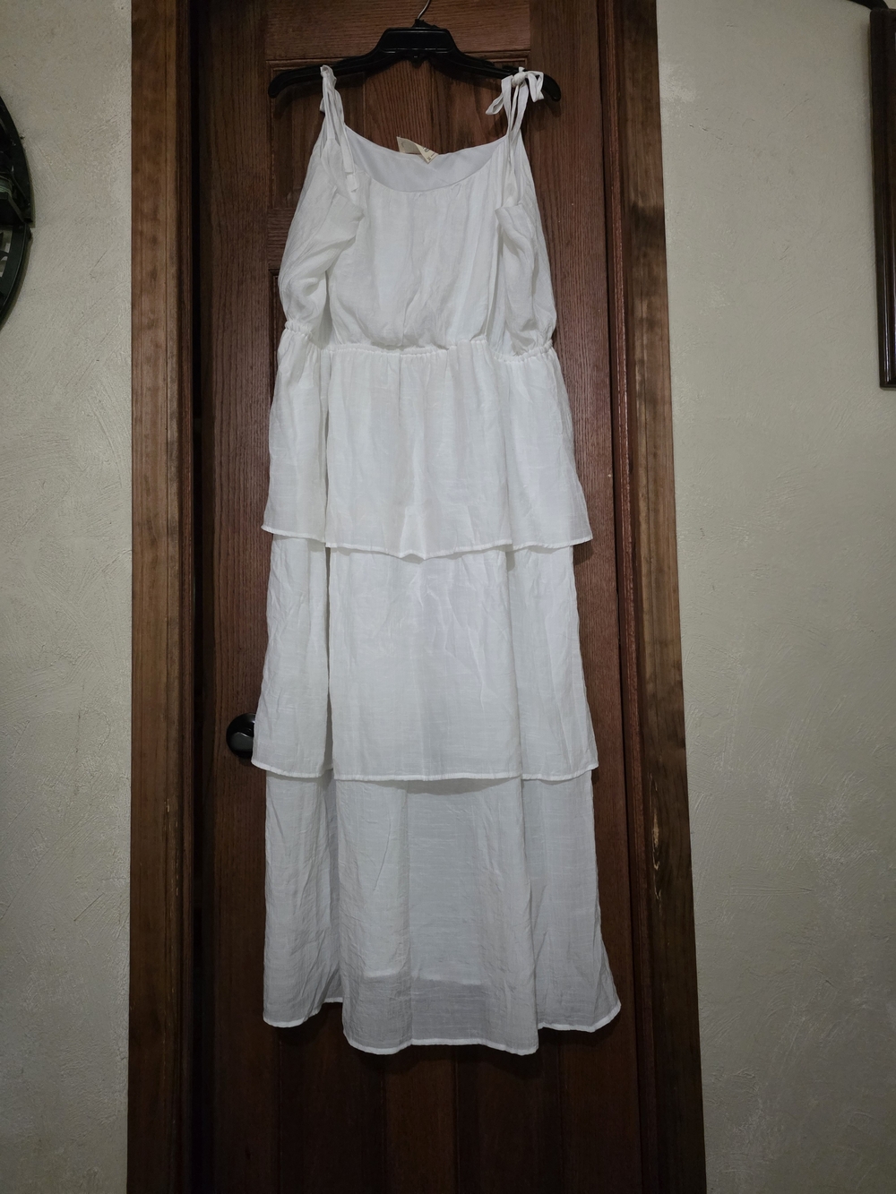 White Tiered Ruffled Maxi Dress with Tie-Strap Shoulders